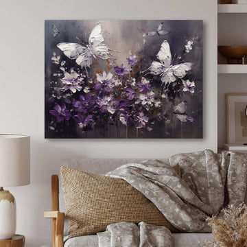 Purple And White Butterfly Wings And Flowers - Floral Canvas Wall Art